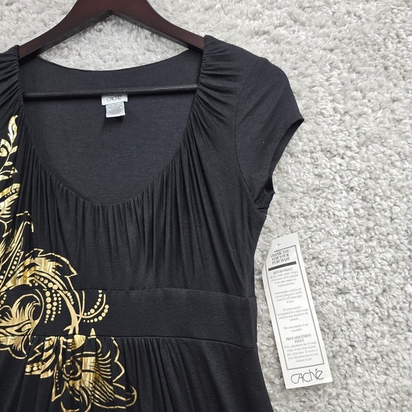 Cache Dress Womens Medium Black Mini Gold Floral Goth Y2K Retro Fairy Grunge - Picture 3 of 10
